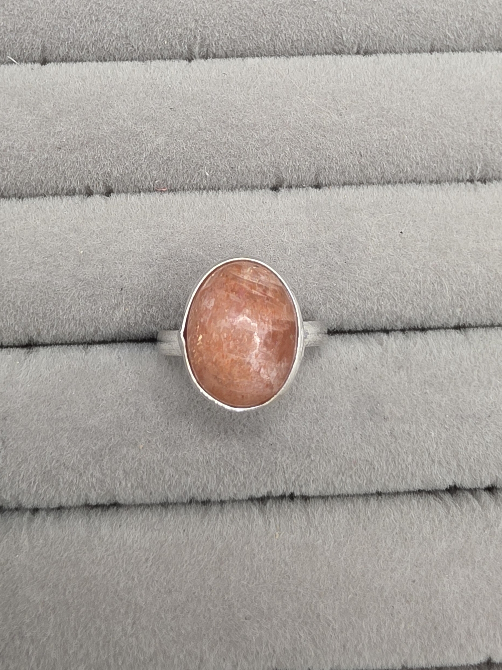 Silver Plated Sunstone Oval Ring Size 7 1/2 - Peach